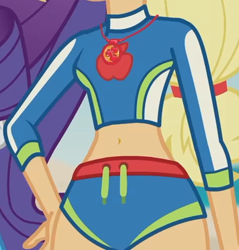 Size: 1084x1133 | Tagged: safe, screencap, applejack, aww... baby turtles, equestria girls, equestria girls series, applejack's beach shorts swimsuit, beach shorts swimsuit, belly button, bikini, bikini bottom, boobshot, breasts, clothes, cropped, female, geode of super strength, hand on hip, jewelry, magical geodes, midriff, necklace, pictures of chests, solo, swimsuit