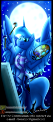 Size: 1155x2658 | Tagged: safe, artist:bonaxor, princess luna, pony, g4, clothes, easel, female, moon, night, paintbrush, scarf, solo