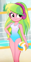 Size: 753x1494 | Tagged: safe, artist:invisibleink, edit, editor:thomasfan45, lemon zest, equestria girls, g4, ball, bare shoulders, beach, beautiful, beautisexy, clothes, cropped, cute, female, hand on hip, headphones, legs, looking at you, ocean, one-piece swimsuit, outdoors, sand, sexy, sleeveless, smiling, smiling at you, smirk, solo, sports, swimsuit, volleyball, volleyball net, zestabetes