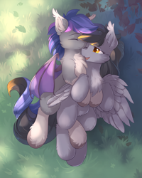 Size: 2400x3000 | Tagged: safe, artist:dreamweaverpony, oc, oc only, oc:crossfire, bat pony, hybrid, pegabat, pegasus, pony, cuddling, cute, ear fluff, fangs, gay, gray coat, high res, looking at each other, male, ocbetes, open mouth, smiling, spread wings, unshorn fetlocks, wings