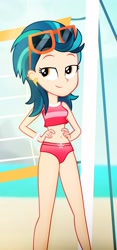 Size: 697x1494 | Tagged: safe, artist:invisibleink, edit, editor:thomasfan45, indigo zap, equestria girls, g4, 2 handfuls of dem hips, bare shoulders, beach, bedroom eyes, belly button, bikini, clothes, cropped, cute, ear piercing, earring, female, hand on hip, jewelry, looking sideways, midriff, ocean, outdoors, piercing, sand, sexy, sleeveless, smiling, solo, sunglasses, sunglasses on head, swimsuit, volleyball net, wristband, zapabetes