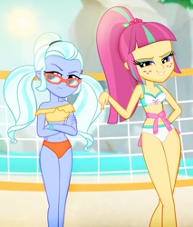 Size: 1473x1726 | Tagged: safe, artist:invisibleink, edit, editor:thomasfan45, sour sweet, sugarcoat, equestria girls, g4, bare shoulders, beach, beautiful, beautisexy, belly button, bikini, bow, clothes, cropped, crossed arms, cute, duo, duo female, evil smile, eyeshadow, female, frown, glasses, grin, hand on hip, looking at you, looking sideways, makeup, midriff, ocean, outdoors, pigtails, ponytail, rock, sand, sexy, sleeveless, smiling, smirk, sourbetes, sugarcoat is not amused, sugarcute, sun, swimsuit, tricolor swimsuit, twintails, volleyball net
