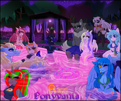 Size: 1598x1332 | Tagged: safe, artist:nekomellow, oc, oc:applecore, oc:blue bolt, oc:dream catcher, oc:icedragon, oc:lychee, oc:magnus, oc:willow, bat pony, changeling, earth pony, pegasus, vampire, vampony, wolf, anthro, ponyvania, pool party, pool toy