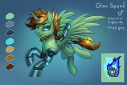 Size: 3000x2000 | Tagged: safe, artist:jedayskayvoker, oc, oc only, oc:glow speed, alicorn, cyborg, pony, alicorn oc, gradient background, high res, horn, looking up, male, reference sheet, solo, wings