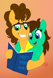 Size: 639x941 | Tagged: safe, artist:hufflepuffrave, cheese sandwich, oc, oc:pencil sketch, pony, g4, canon x oc, duo, female, glasses, male, reading, shipping, straight