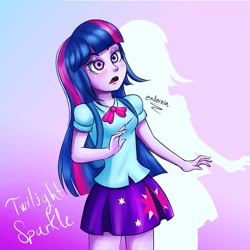 Size: 1080x1080 | Tagged: safe, alternate version, artist:endernin, twilight sparkle, equestria girls, g4, clothes, cutie mark, cutie mark on clothes, d:, female, open mouth, signature, skirt, solo