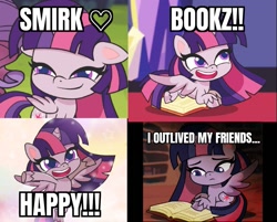 Size: 1013x815 | Tagged: safe, artist:galacticflashd, rarity, twilight sparkle, alicorn, pony, unicorn, g4.5, my little pony: pony life, book, bookhorse, bookworm, caption, cute, cutie mark, female, happy, heart, image macro, immortality blues, implied immortality, library, mare, meme, reading, sad, smiling, smirk, smuglight sparkle, solo, text, that pony sure does love books, twilight sparkle (alicorn), twilight will outlive her friends, twilight's castle, wings