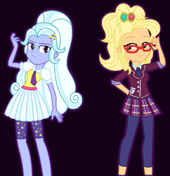 Size: 683x707 | Tagged: safe, artist:sarahalen, applejack, sugarcoat, equestria girls, g4, my little pony equestria girls: friendship games, alternate clothes, alternate hairstyle, alternate universe, blouse, clothes, crystal prep academy uniform, crystal prep shadowbolts, cute, duo, female, frown, glasses, hairclip, hand behind back, leggings, legs, looking at each other, necktie, ponytail, rivals, school uniform, skirt
