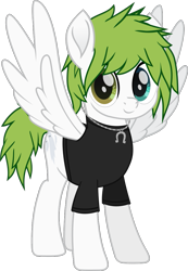 Size: 848x1224 | Tagged: safe, artist:lightningbolt, pegasus, pony, g4, .svg available, awsten knight, clothes, colored pupils, dyed mane, dyed tail, heterochromia, jewelry, looking at you, male, messy mane, movie accurate, necklace, ponified, shirt, short tail, simple background, smiling, solo, spread wings, stallion, standing, svg, t-shirt, transparent background, vector, waterparks, wings