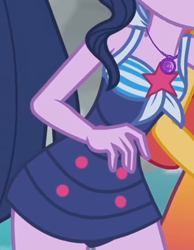 Size: 736x947 | Tagged: safe, screencap, sci-twi, twilight sparkle, equestria girls, g4, my little pony equestria girls: better together, unsolved selfie mysteries, beach shorts swimsuit, boobshot, breasts, clothes, cropped, equestria girls swimsuit, female, geode of telekinesis, jewelry, magical geodes, necklace, one-piece swimsuit, pictures of chests, sci-twi swimsuit, sleeveless, solo, swimsuit, twilight sparkle's beach shorts swimsuit