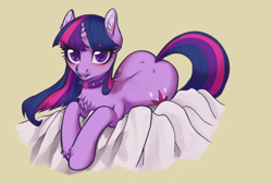 Size: 3496x2362 | Tagged: safe, artist:taytinabelle, edit, twilight sparkle, pony, unicorn, g4, back dimples, blushing, both cutie marks, butt, butt dimples, chest fluff, collar, cutie mark collar, dimples of venus, dock, ear fluff, female, high res, looking at you, mare, plot, simple background, solo, unicorn twilight, unshorn fetlocks