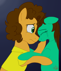 Size: 1442x1672 | Tagged: safe, artist:hufflepuffrave, cheese sandwich, oc, oc:pencil sketch, earth pony, pony, g4, canon x oc, comforting, crying, duo, female, gradient background, male, shipping, straight