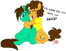 Size: 678x528 | Tagged: safe, artist:hufflepuffrave, cheese sandwich, oc, oc:pencil sketch, earth pony, pony, g4, canon x oc, duo, eyes closed, female, hug, male, one eye closed, simple background, straight, transparent background
