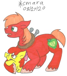 Size: 909x1026 | Tagged: safe, artist:cmara, apple bloom, big macintosh, earth pony, pony, g4, apple bloom's bow, bow, brother and sister, brotherly love, female, filly, hair bow, male, open mouth, raised hoof, sibling, sibling love, siblings, simple background, stallion, traditional art, unshorn fetlocks, white background, younger