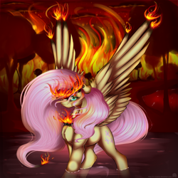 Size: 2000x2000 | Tagged: safe, artist:11-shadow, fluttershy, pegasus, pony, g4, badass, female, fire, flutterbadass, forest, forest fire, high res, solo