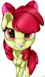 Size: 961x1639 | Tagged: safe, artist:11-shadow, apple bloom, earth pony, pony, g4, female, looking at you, simple background, smiling, solo, transparent background