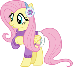 Size: 577x528 | Tagged: safe, artist:cloudy glow, artist:cupcakescankill, artist:wolf, edit, fluttershy, pegasus, pony, g4, clothes, diaper, earmuffs, female, mare, non-baby in diaper, solo, sweater, sweatershy, winter