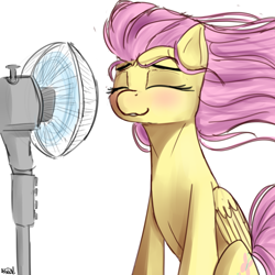 Size: 2000x2000 | Tagged: safe, artist:nixworld, fluttershy, pegasus, pony, g4, blushing, cute, electric fan, eyes closed, fan, female, high res, shyabetes, simple background, sitting, smiling, solo, white background, windswept mane
