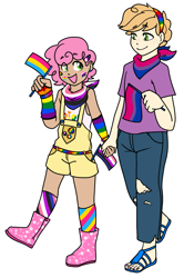 Size: 1327x2000 | Tagged: safe, artist:/d/non, li'l cheese, little mac, human, g4, arm warmers, bandaid, bandana, belt, bisexual pride flag, boots, clothes, ear piercing, earring, face paint, feet, female, freckles, gay pride flag, genderfluid, genderfluid pride flag, hairband, hairclip, headcanon, holding hands, humanized, jeans, jewelry, lgbt headcanon, li'l mac n cheese, looking at each other, male, male feet, mismatched socks, nail polish, older li'l cheese, older little mac, open mouth, overalls, pansexual, pansexual pride flag, pants, piercing, pride, pride flag, pride socks, sandals, sexuality headcanon, shipping, shirt, shoes, shorts, size difference, socks, stars, striped socks, suspenders, t-shirt, tank top, torn clothes, wristband