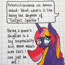 Size: 1080x1080 | Tagged: safe, artist:galaxy.in.mind, oc, oc only, oc:velvet spark, pony, unicorn, ask, bust, eyes closed, female, glasses, graph paper, horn, magical lesbian spawn, mare, offspring, open mouth, parent:tempest shadow, parent:twilight sparkle, parents:tempestlight, solo, traditional art, unicorn oc