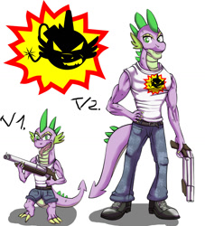 Size: 1134x1247 | Tagged: safe, artist:urhangrzerg, spike, dragon, g4, clothes, crossover, male, serious sam, serious spike, weapon