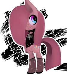 Size: 1740x1940 | Tagged: safe, artist:8-blit-poni, pinkie pie, earth pony, pony, g4, abstract background, bipedal, choker, clothes, female, hair over one eye, marilyn manson, pinkamena diane pie, simple background, socks, solo, spiked choker, tank top, transparent background, wingding eyes