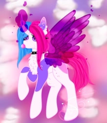 Size: 698x799 | Tagged: safe, artist:nel_liddell, oc, oc only, alicorn, pony, abstract background, alicorn oc, bubblegum, chest fluff, choker, curved horn, ear fluff, food, glowing horn, gum, horn, raised hoof, solo, spiked choker, wings
