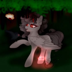 Size: 669x669 | Tagged: safe, artist:nel_liddell, oc, oc only, oc:leah, oc:nel, bird, pegasus, pony, raven (bird), duo, forest, glowing, horns, outdoors, pegasus oc, raised hoof, signature, tree, wings