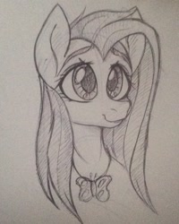 Size: 640x800 | Tagged: safe, artist:d0shkakart0shka, fluttershy, pony, g4, bust, cutie mark accessory, female, looking at you, mare, pencil drawing, portrait, smiling, solo, three quarter view, traditional art