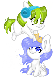 Size: 1080x1517 | Tagged: safe, artist:silentwolf-oficial, oc, oc only, alicorn, earth pony, pony, alicorn oc, chibi, duo, earth pony oc, floating, flying, headphones, horn, signature, simple background, sitting, smiling, transparent background, watermark, wings
