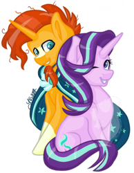Size: 1080x1392 | Tagged: safe, artist:silentwolf-oficial, starlight glimmer, sunburst, pony, unicorn, g4, cape, clothes, coat markings, duo, female, grin, male, mare, one eye closed, signature, simple background, smiling, socks (coat markings), stallion, transparent background, watermark, wink
