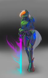 Size: 2180x3507 | Tagged: safe, artist:kiwwsplash, oc, oc only, earth pony, robot, robot pony, anthro, unguligrade anthro, abstract background, arm hooves, earth pony oc, high res, solo, sword, weapon