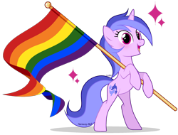 Size: 2360x1795 | Tagged: safe, artist:mint-light, sea swirl, seafoam, pony, unicorn, g4, bipedal, commission, eyelashes, female, flag, gay pride flag, hoof hold, mare, open mouth, pride, pride flag, rainbow flag, simple background, smiling, solo, transparent background, ych result