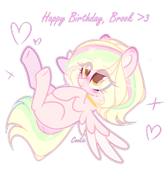 Size: 1632x1720 | Tagged: safe, artist:mint-light, oc, oc only, pegasus, pony, blushing, choker, commission, eye clipping through hair, eyelashes, happy birthday, lying down, multicolored hair, on back, pegasus oc, rainbow hair, simple background, smiling, solo, transparent background, underhoof, wings, ych result