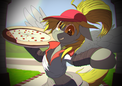 Size: 4093x2894 | Tagged: safe, artist:coreboot, derpy hooves, pegasus, pony, g4, cheese pizza, clothes, crossover, food, hat, league of legends, pizza, pizza delivery, sivir