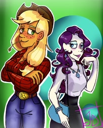 Size: 1300x1600 | Tagged: safe, artist:crazydarknes666, applejack, rarity, equestria girls, g4, abstract background, blushing, clothes, crossed arms, duo, female, freckles, hat, pants, purse, signature, smiling, straw in mouth