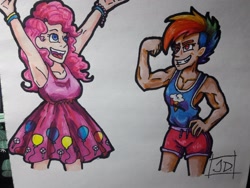 Size: 2064x1548 | Tagged: safe, alternate version, artist:crazydarknes666, pinkie pie, human, g4, :d, alternate hairstyle, bracelet, clothes, cutie mark, cutie mark on clothes, dress, duo, female, flexing, humanized, jewelry, mohawk, open mouth, shorts, signature, smiling, traditional art