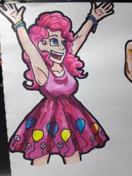 Size: 1548x2064 | Tagged: safe, alternate version, artist:crazydarknes666, pinkie pie, human, g4, :d, bracelet, clothes, cutie mark, cutie mark on clothes, dress, female, humanized, jewelry, open mouth, smiling, solo, traditional art