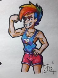 Size: 1548x2064 | Tagged: safe, alternate version, artist:crazydarknes666, rainbow dash, human, g4, alternate hairstyle, clothes, cutie mark, cutie mark on clothes, female, flexing, humanized, mohawk, shorts, signature, smiling, solo, traditional art
