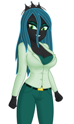 Size: 1200x2000 | Tagged: safe, artist:ah96, editor:ah96, queen chrysalis, equestria girls, g4, belt, big breasts, breasts, busty queen chrysalis, cleavage, clothes, dress shirt, equestria girls-ified, female, ms paint, pants, shading, simple background, solo, white background