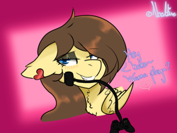 Size: 1038x786 | Tagged: safe, artist:naaltive, oc, oc:retro hearts, pegasus, pony, bedroom eyes, controller, dialogue, ear piercing, earring, eyeshadow, female, freckles, jewelry, makeup, mouth hold, piercing, pink background, playstation 2, simple background