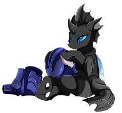 Size: 3030x2800 | Tagged: safe, artist:pridark, oc, oc only, oc:captain black lotus, changeling, armor, blue eyes, changeling armor, changeling oc, cloth, commission, helmet, high res, polishing, simple background, sitting, solo, towel, transparent background