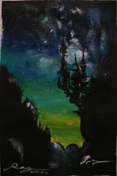Size: 2880x1920 | Tagged: safe, artist:musical ray, canterlot, night, no pony, painting, scenery, silhouette, traditional art