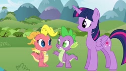 Size: 640x360 | Tagged: safe, artist:dre higbee, spike, twilight sparkle, alicorn, dragon, pony, g4, baby, baby dragon, cassie (dragon tales), crossover, cute, dragon tales, dragoness, female, male, mare, smiling, spikabetes, standing, trio, twiabetes, twilight sparkle (alicorn), waving, wingless spike