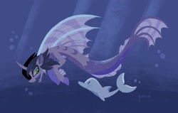 Size: 2650x1690 | Tagged: safe, artist:qxerow, dolphin, siren, bubble, cloven hooves, commission, curved horn, fangs, fins, fish tail, happy, horn, kellin quinn, lineless, male, ocean, open mouth, ponified, scales, signature, sleeping with sirens, slit pupils, solo, swimming, underwater, water, ych result