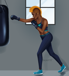 Size: 2480x2736 | Tagged: safe, artist:brokat8, lightning dust, human, g4, abs, alternate hairstyle, belly button, boxing, boxing gloves, clothes, dark skin, ear piercing, earring, elf ears, female, high res, humanized, jewelry, leggings, midriff, mohawk, piercing, punch, punching bag, shoes, sneakers, solo, sports, sports bra, workout, workout outfit