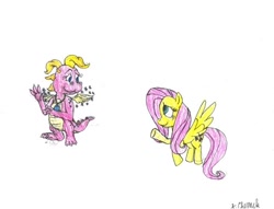 Size: 640x489 | Tagged: safe, artist:endlesswire94, fluttershy, dragon, pegasus, pony, g4, cassie (dragon tales), crossover, cute, dragon tales, dragoness, duo, female, flying, mare, shy, shyabetes, simple background, traditional art, white background