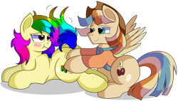 Size: 7900x4500 | Tagged: safe, oc, oc:rainbow tashie, oc:spicy cider, earth pony, pegasus, pony, blushing, butt, butt touch, cheek squish, cheeky, clothes, commissioner:bigonionbean, cowboy hat, cutie mark, extra thicc, female, flank, fusion, fusion:braeburn, fusion:wind waker, hat, hoof on butt, husband and wife, male, mare, massage, oc x oc, playing, plot, pouting, scrunchy face, shipping, squishy butt, stallion, stetson, straight, teasing, the ass was fat, writer:bigonionbean
