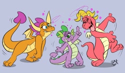 Size: 1200x703 | Tagged: safe, artist:betsythebeaver, smolder, spike, dragon, g4, cassie (dragon tales), crossover, dragon tales, dragoness, drunk, drunker smolder, drunker spike, female, purple background, signature, simple background