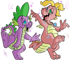Size: 1024x829 | Tagged: safe, artist:jinkslizard, spike, dragon, g4, cassie (dragon tales), crossover, dragon tales, dragoness, drunk, drunker spike, duo, duo male and female, female, male, simple background, stumbling, transparent background